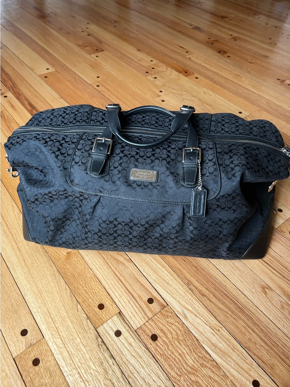 Coach Black Signature Canvas Duffel with Leather Trim